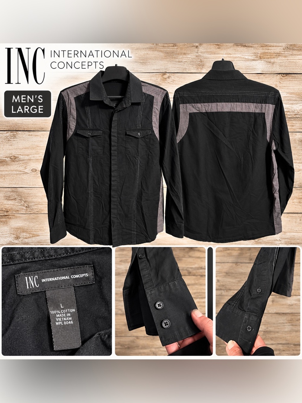 INC International Concepts Men's Black Contrast Stitch Button Down Shirt - Large